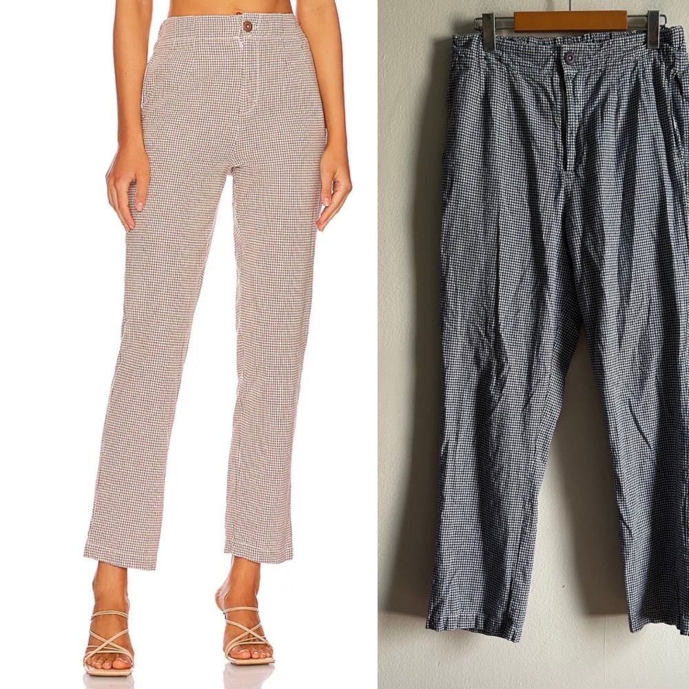 Free people Sz M Kate Plaid Checker Gingham Blue White Straight Leg Cotton Pants